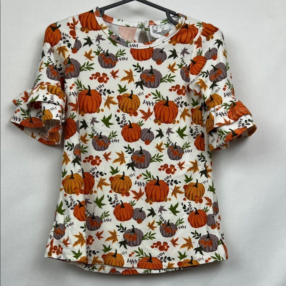 Rare Editions Pumpkin print knit ruffle sleeves Fall dress size 18 months